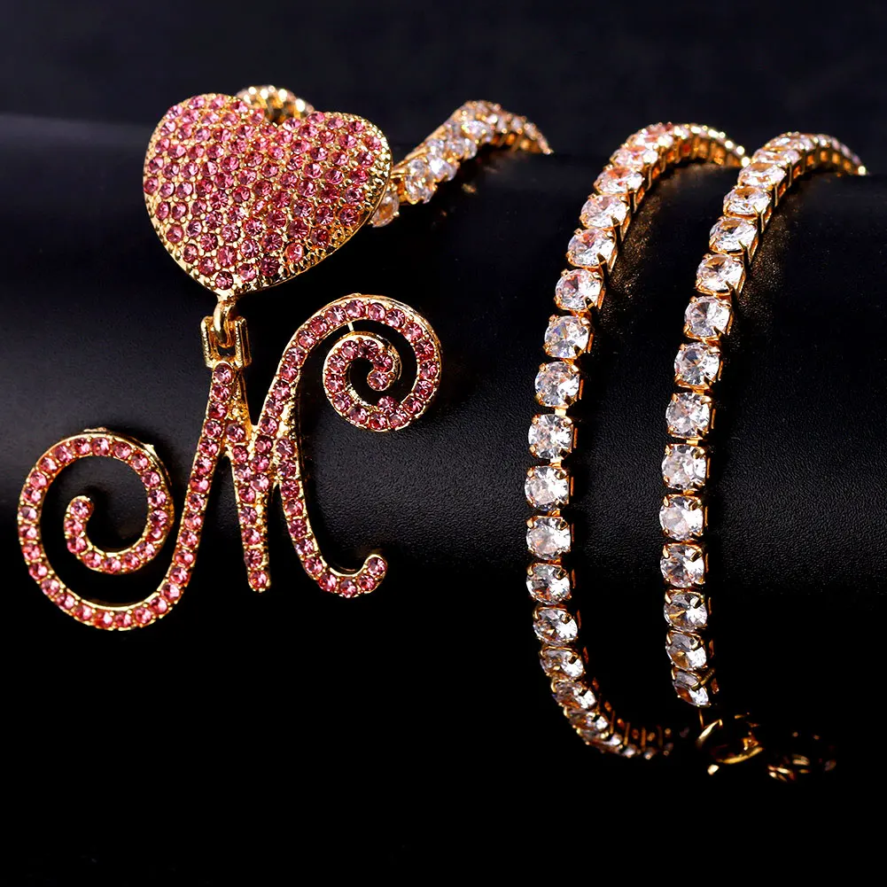 Hip Hop Pink A-Z Cursive Letter Initial Heart Pendant Necklace For Women Bling Iced Out Cuban Zircon Chain Necklace Punk Jewelry