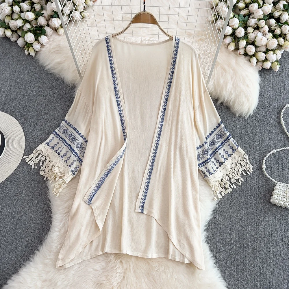 

Summer New Korean Sle Loose Casual Long Batwing Sve Tassel White Sun Protection Open Cardigan Women's Outerwear