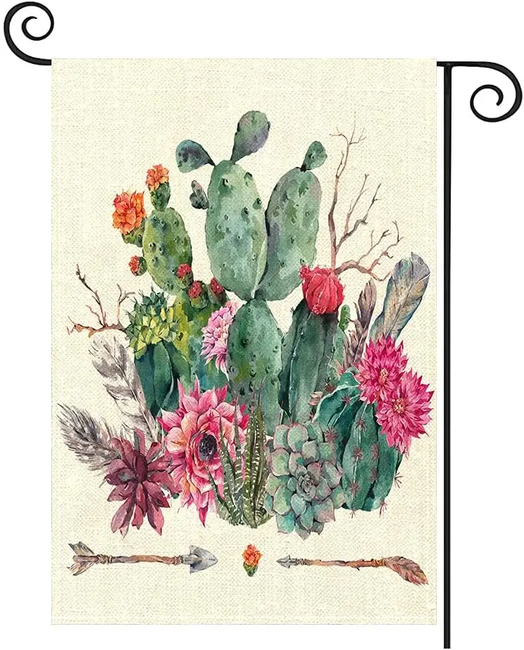 Floral Garden Flag Vertical Double Sided 12 x 18 Inch Garden Flags, Spring Garden Flag Watercolor Cactus Succulent Flowers Burla