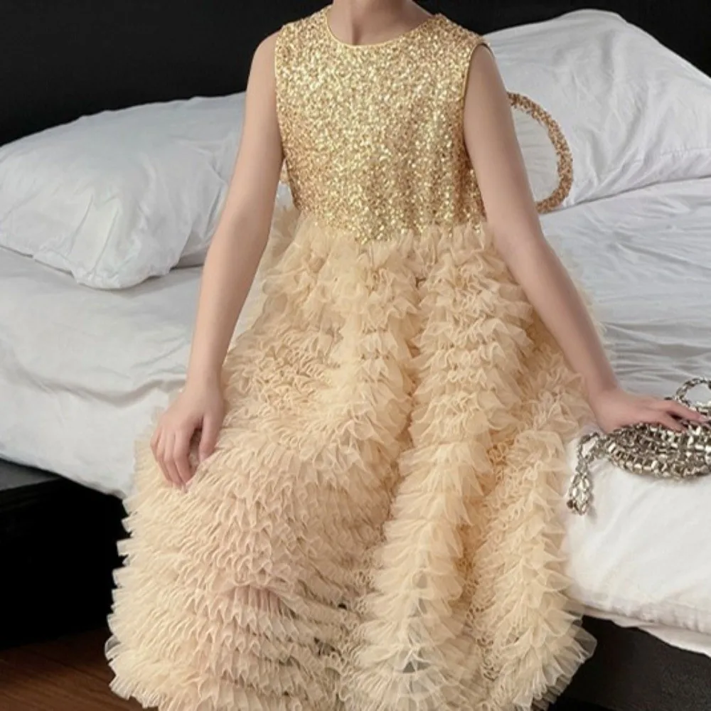 Butterfly Bow Wings Children Princess Dress Sleeveless Round Neck Sequin Birthday Cake Dress Casual Long