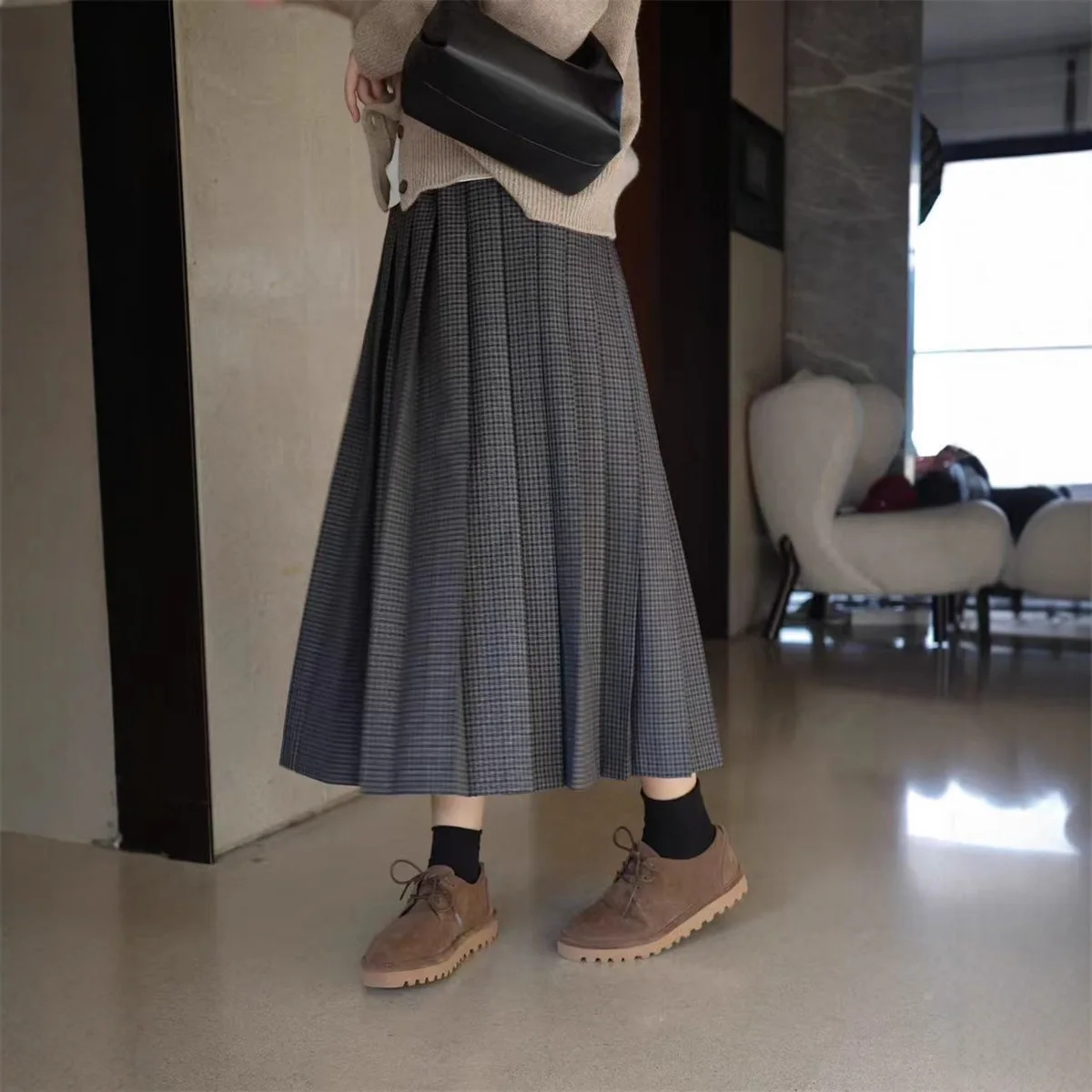 

【Gift Free】2025 Autumn Winter Japanese Niche Wool Pleated Skirt Mid-Length Retro Plaid A-Line Skirt Women