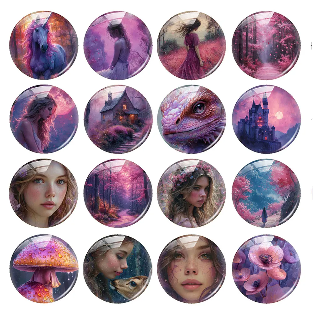 Random Mixed Round/Oval/Square Fairy Unicorn Dragon Girl Castle Photo Glass Cabochon Flatback Demo Cameo For Diy Jewelry Making
