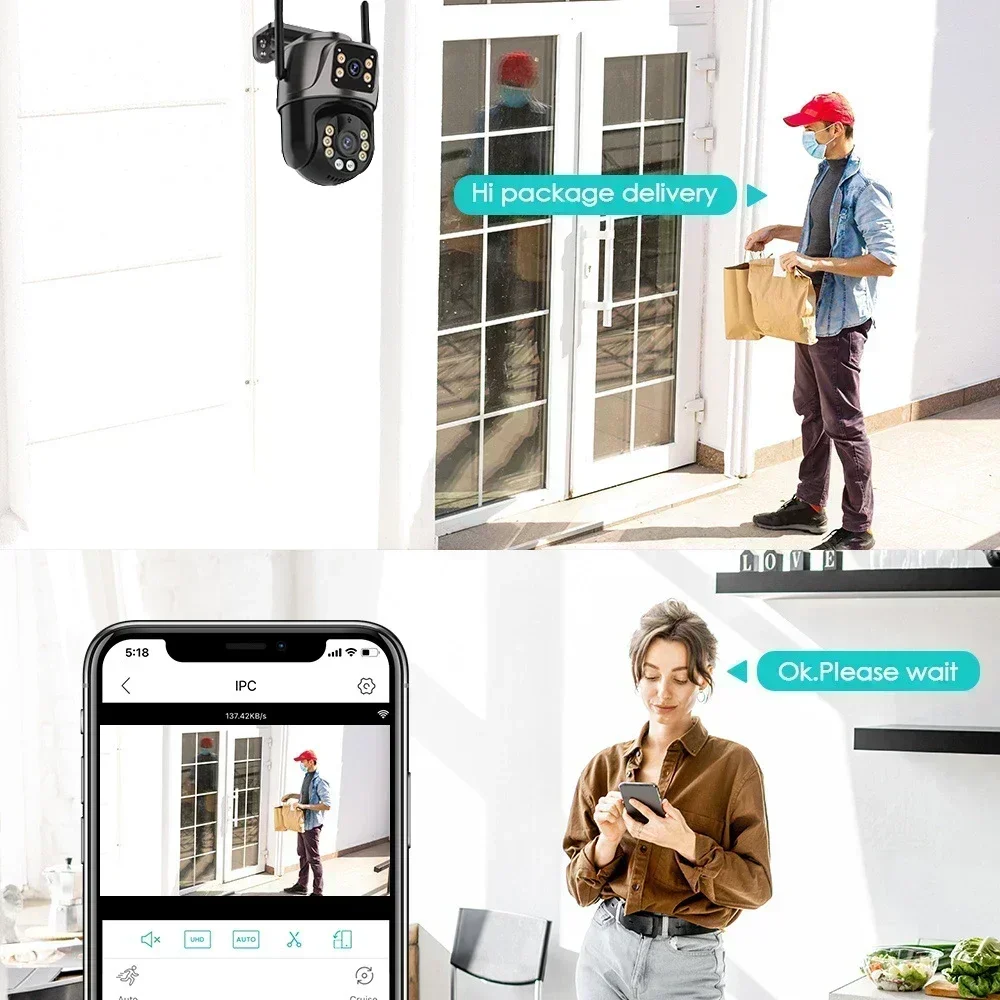 4K 8MP Dual Lens WiFi Outdoor Security Camera PTZ Auto Tracking Color Night Vision Two Way Audio IP66 ICsee SD Cloud Storage