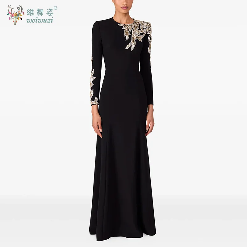 Eleganti abiti da sera in velluto nero Appliques O-Collo Manica lunga Sirena Lunghezza pavimento Occasioni speciali Abiti da ballo per feste da donna