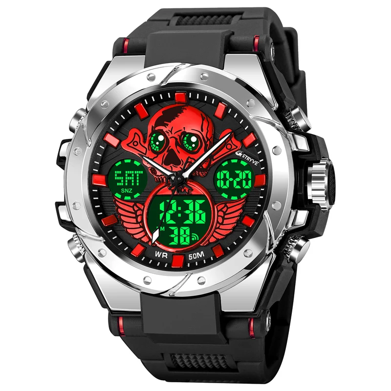 New STRYVE Men\'s Watches with Box Skull Design Digital-Analog Dual Display Watches Calendar Stopwatch Multifunction Watches 8008