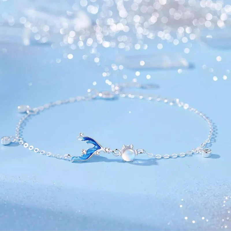 S925 Silver Exquisite Minimalism Blue Fish Tail with Moonstone Charm, Minimalist Ocean Theme Jewelry Anniversary Present