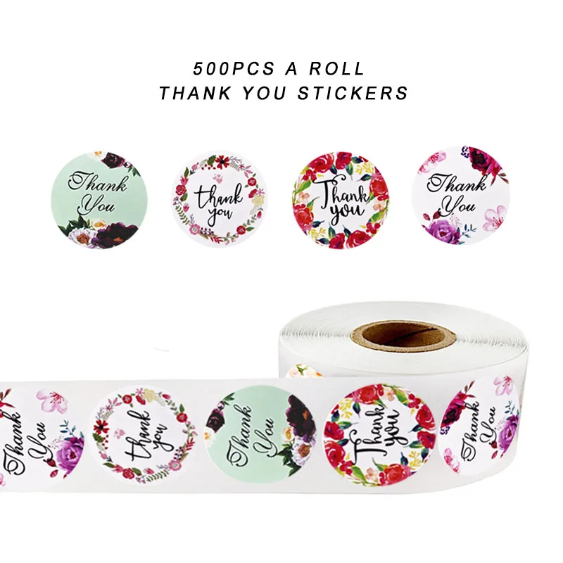 500PCS Floral Thank You Sealing Stickers Roll, Self Adhesive Labels for Envelope Decor, Gift Box & Handcraft Packaging