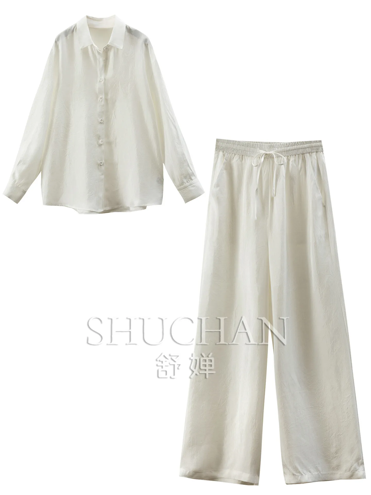 Slack Old Money Suit Acetic Acid Light-sensitive Long-sleeved Shirt + Wide-leg Trousers Set Women 07X9