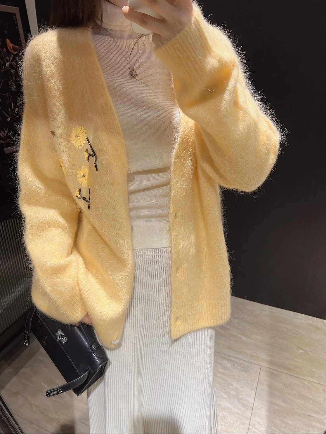 

High-End Embroidered Alpaca Wool 392 Camere 389 Wool Knitted Open Cardigan Sweater Women's V-ne Warm Thiened Winter Coat