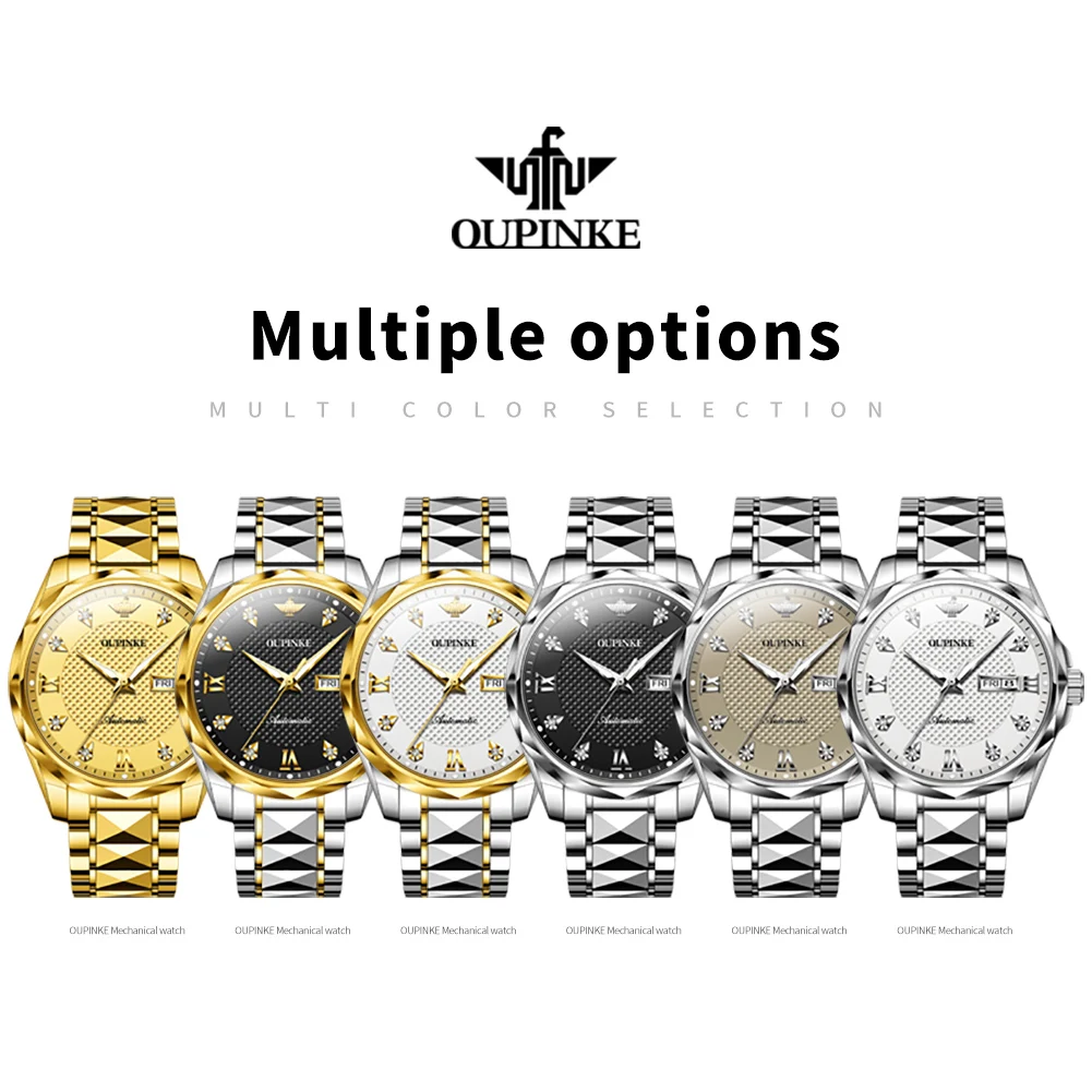 OUPINKE 3243オリジナル高級ステンレススチールメンズ腕時計自動巻き機械式防水夜光サファイアミラー