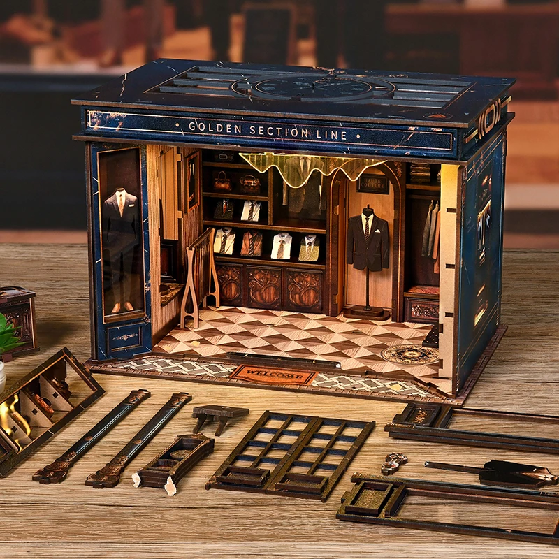 Kit de Montagem DIY para Estante de Livros em Miniatura com Tema de Loja de Roupas em Madeira, Modelo em Miniatura com Linha da Seção Dourada, Suporte para Livros, para Presentes de Aniversário de Amigos
