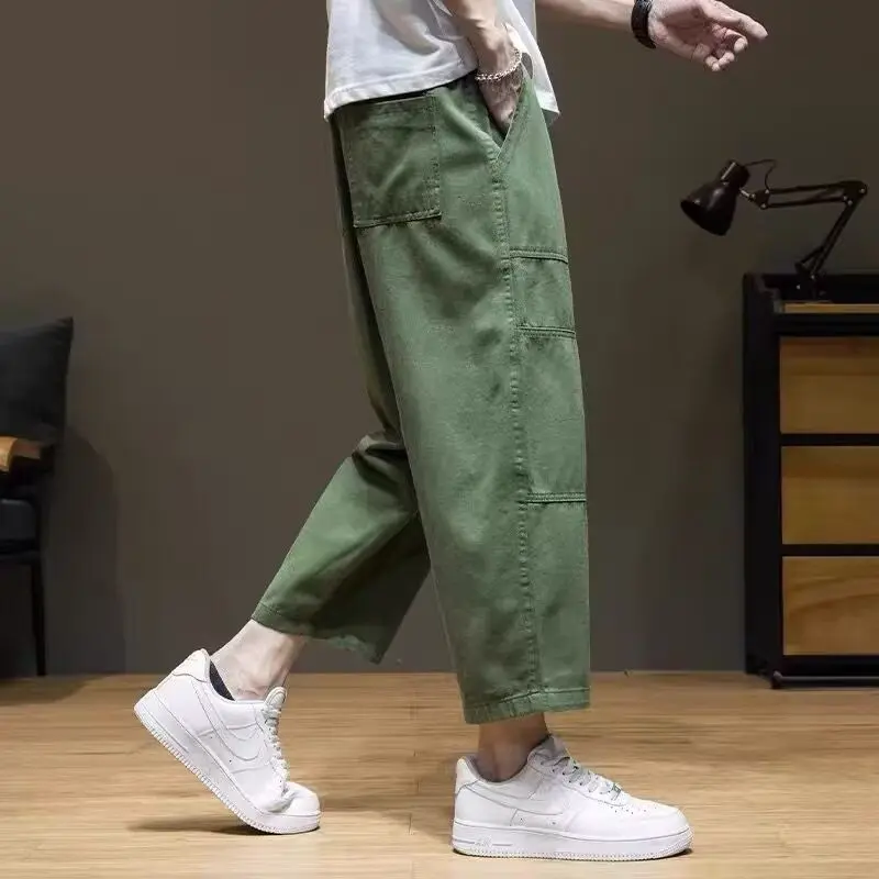 2026 Japanese Retro Elastic Waist Splicing Men's Fashion High Loose Harlan Casual Tactical Baggy Harem Ankle Length Pants Men