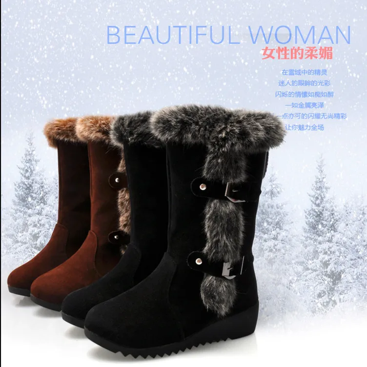 Bottes mi-mollet en fourrure à enfiler pour femmes, compensées rondes Parker, chaussures décontractées, chaudes, neige, grande taille 42, hiver,