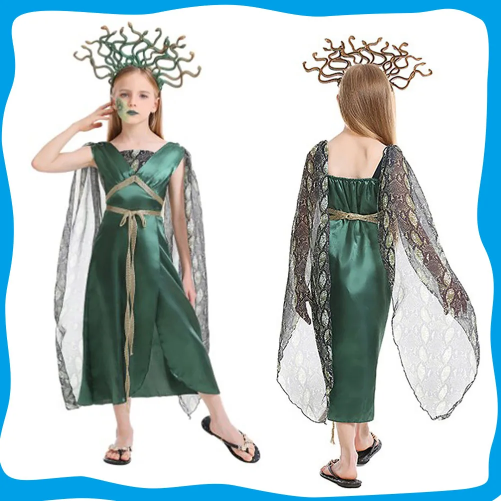 

Kids Girls Cosplay Medusa Costume Dress Headwear Greek Goddess Costume for Children Dress up Clothing Halloween Carnival Outfit