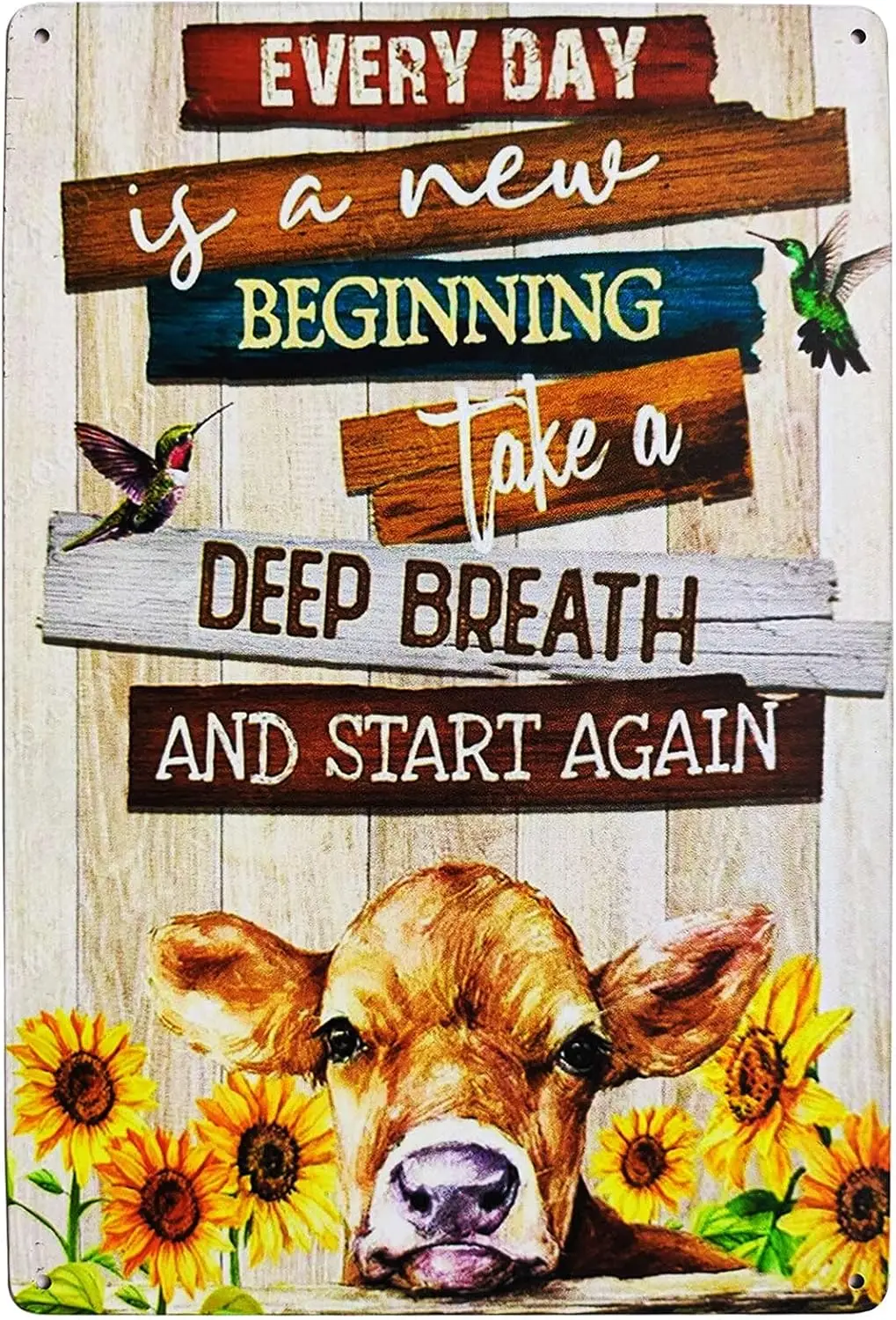 Rustic Sunflower Cow Vintage Tin Bar Sign Funny Inspirational Quote Signs Everyday Is A New Beginning Farmhouse Home Decor for L