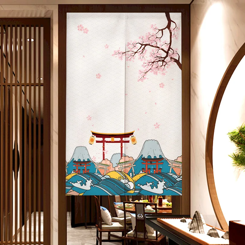 Cherry Blossom Japanese Door Curtain Ukiyo-e Linen Partition Kitchen Noren Decor Cafe Restaurant Entrance Hanging Half-Curtain