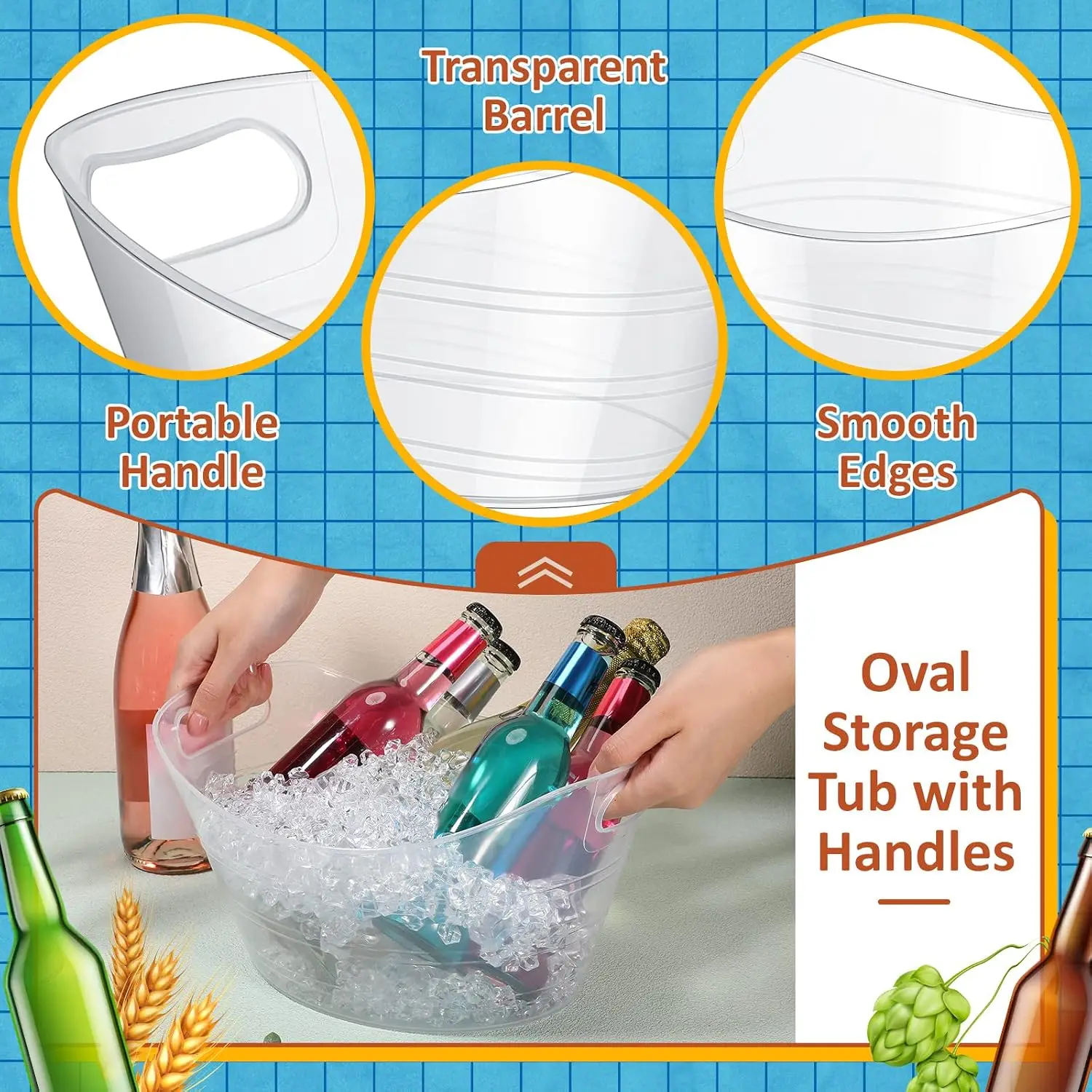 100 Pcs Plastic Ice Buckets Bulk 4.5l Oval Storage Tub with Handles for Parties Wine Beer Champagne Bottle Drink Cooler Tub for