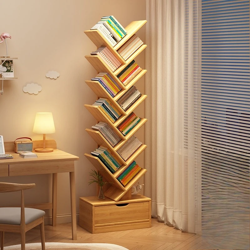 Bookshelf Tree-shaped floor-to-ceiling shelf Solid wood core Integrated wall bookcase Living room corner Small narrow storage