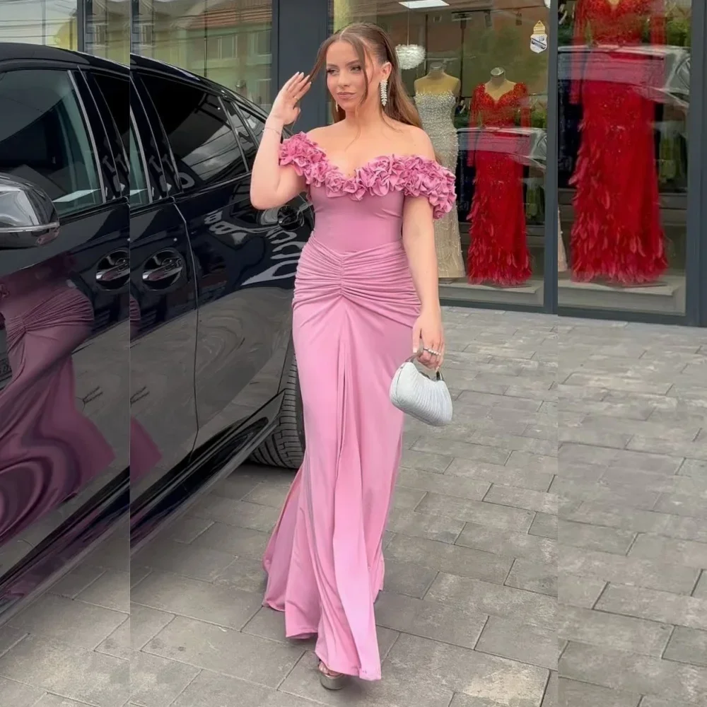 

Customized Modern Style Jersey Flower Draped A-line Off-the-shoulder Midi Dresses Homecoming Dresses Pastrol Unisex Formal Casu