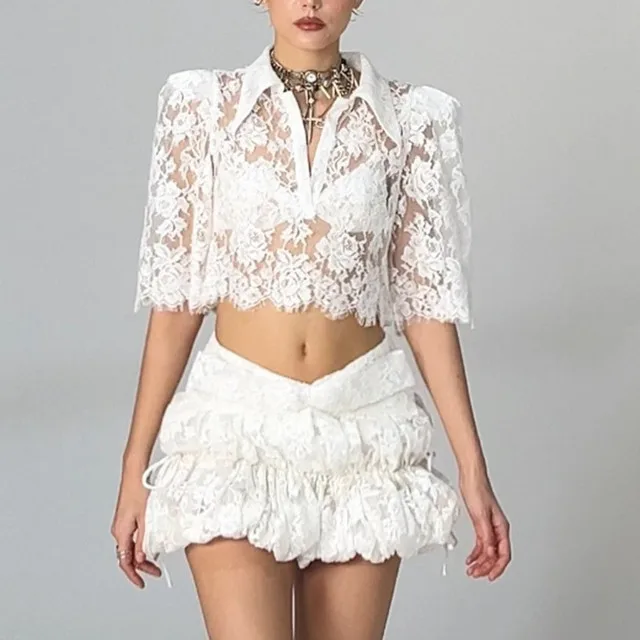 

Solid Sheer Spliced Lace Two Piece Sets for Women Lapel Half Sleeves Top High Waist Mini Skirt Fashion Set Female