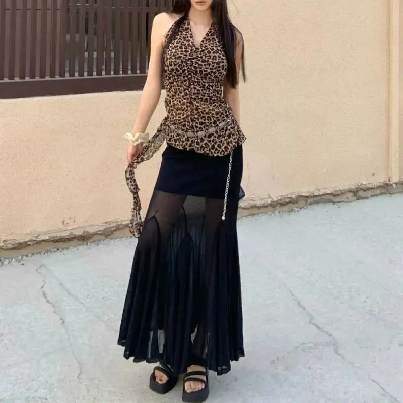 HKSH 2026 Spring Summer New Women Skirt Sexy Sheer Pleated Mesh Patchwork Korean Fashion Dark Chic Elegant Mermaid Skirts HK5683