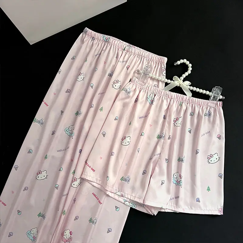 Kawaii Hello Kitty Pajamas for Women Summer Ice Silk Short-sleeved Trousers Three-piece Set Comfortable and Cool Home Wear Gift