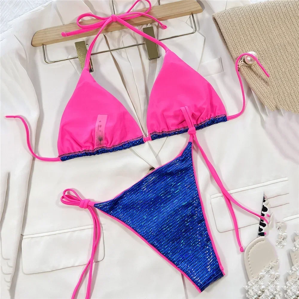 Shiny Blue Sexy Swimsuit String Halter Triangle Micro Thong Bikini Women Swimwear 2025 Bathing Suit Brazilian Bikinis Sets Mujer