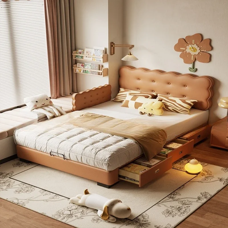 Biscuit bed boys and girls princess leather bed bedroom modern simple drawer storage small apartment children's room single bed