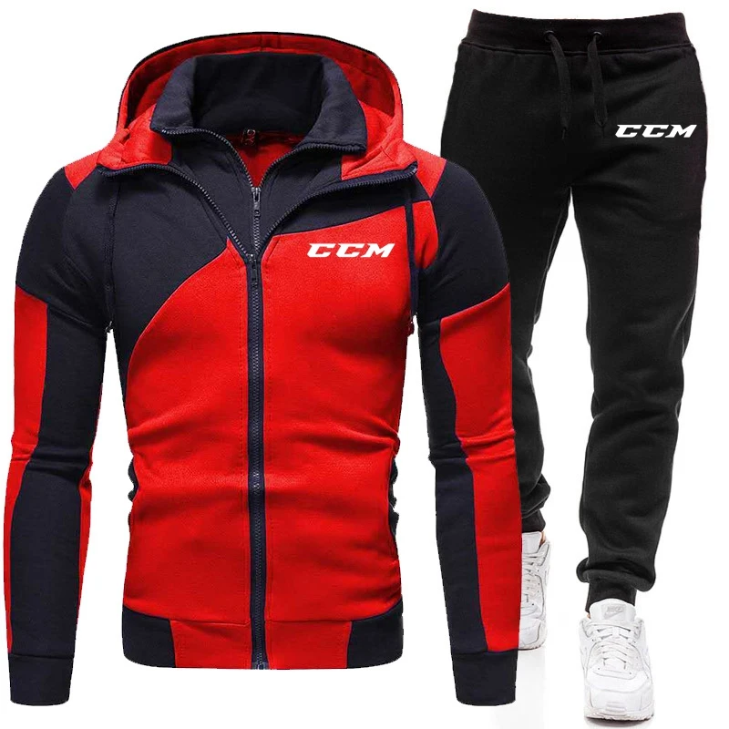 2024 CCM New Double Zipper Men\'s Casual Suit Outdoor Fitness Jogging Sports Suit Men\'s Hoodie + Pants Set Men\'s Sets Sports Suit