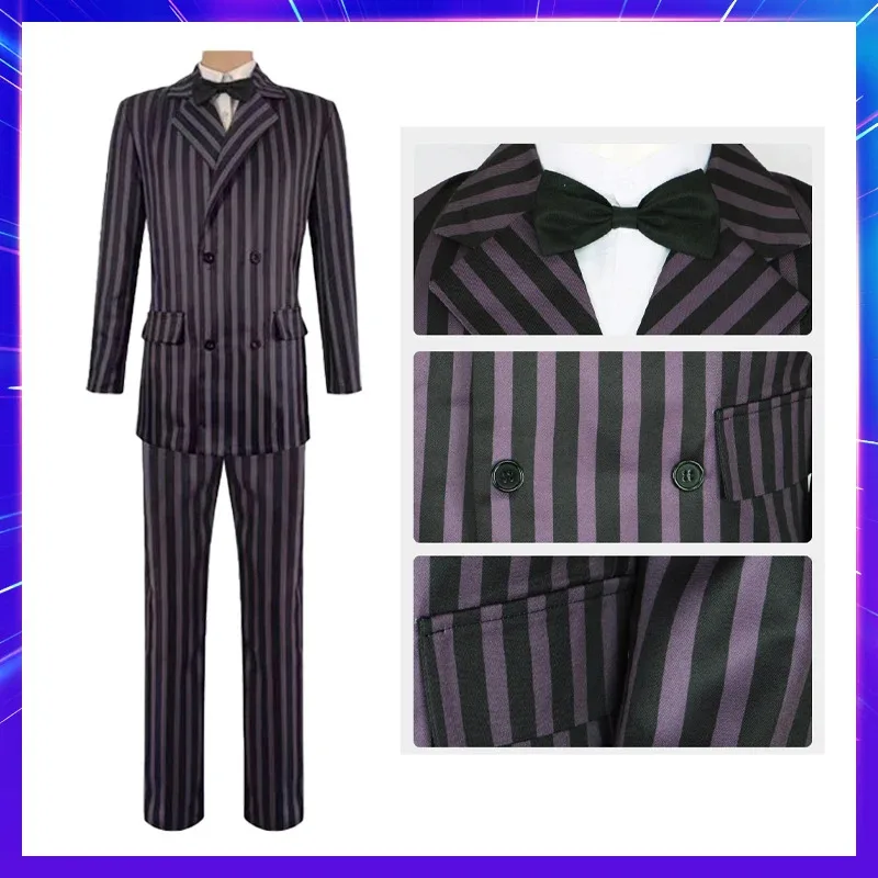 Addams Morticia 성인용 코스프레 의상, 블랙 고딕 펑크 드레스, Gomez 유니폼, 할로윈 및 카니발 파티용 가발