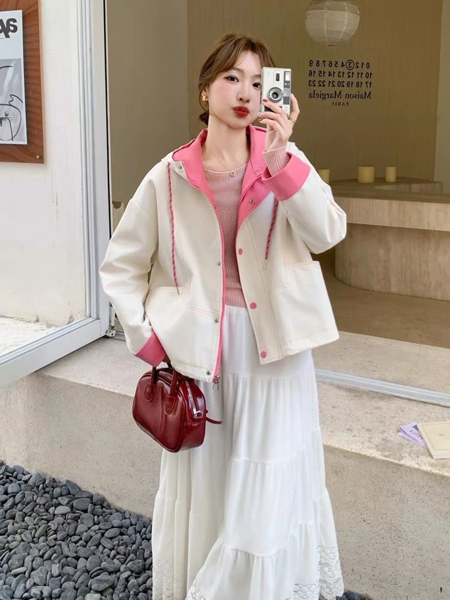 Women's Workwear Jacket Color Block Contrast Design Hooded Windbreaker Spring Autumn Fashionable Casual Loose Fit Long Sleeve