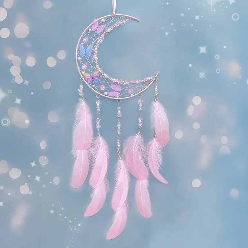 Nordic Pink Feather Butterfly Wind Chimes Dream Catcher Handmade Living Room Hanging Ornaments Wall Pendant Festival Party Gifts