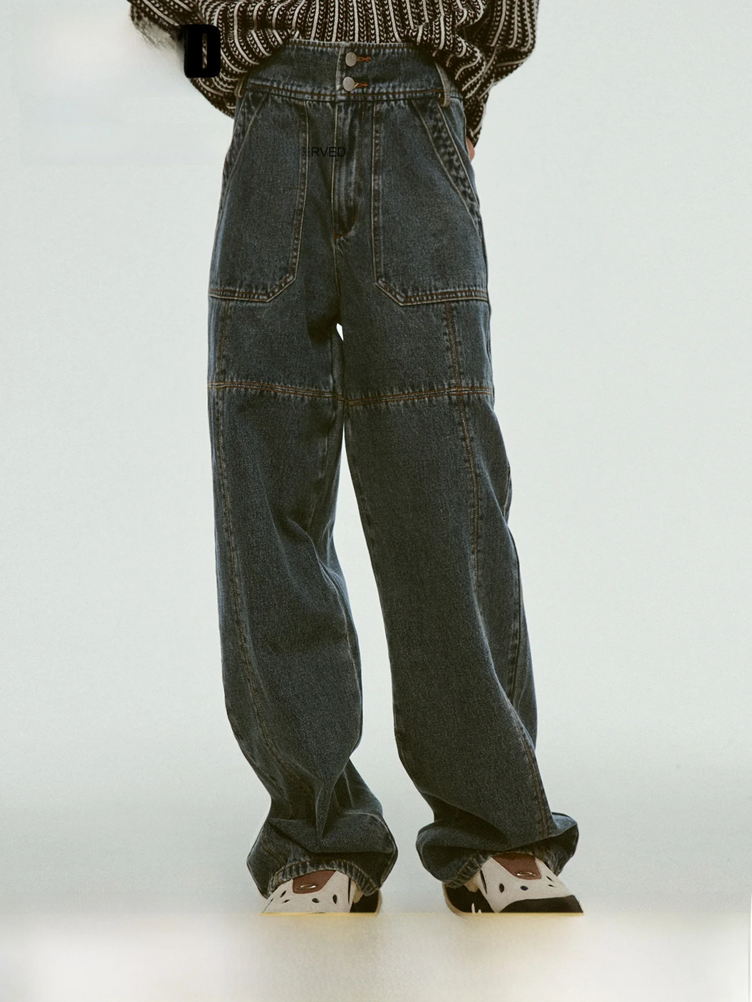 

High Waist Wide Leg Denim Jeans Women's Retro Patchwork Faded Stone Grinding Classic Grey Blue FUSSED 23AW Spring Collection