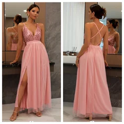 JLL-789#Evening Dress Long Spaghetti Strap Split Back Sexy Gauze Cocktail Party Blackish Green Gray Pink Rose Red Dark Blue