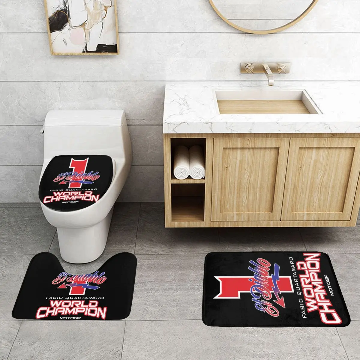 Custom Fabio Quartararo Bathroom Rugs Set 3 Piece Non Slip Motorcycle Racer Toilet Bath Mat Sets