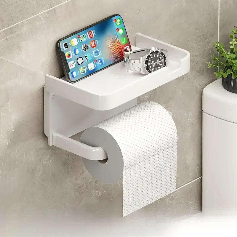 حامل ورق المرحاض المثبت على الحائط، بلاستيك ABS متين بدون حفر، رف مناديل لاصق، رف تخزين موفر للمساحة، مادة مقاومة للماء #5