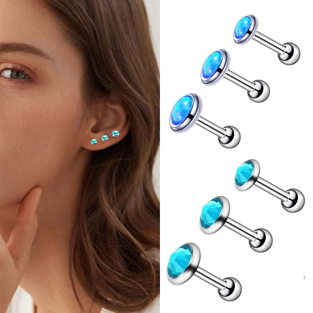 6pc 3/4/5mm Opal Crystal Ear Helix Stud Cartilage Steel 6mm Bar Tragus Earring Barbell Piercing Jewellery Set 16g