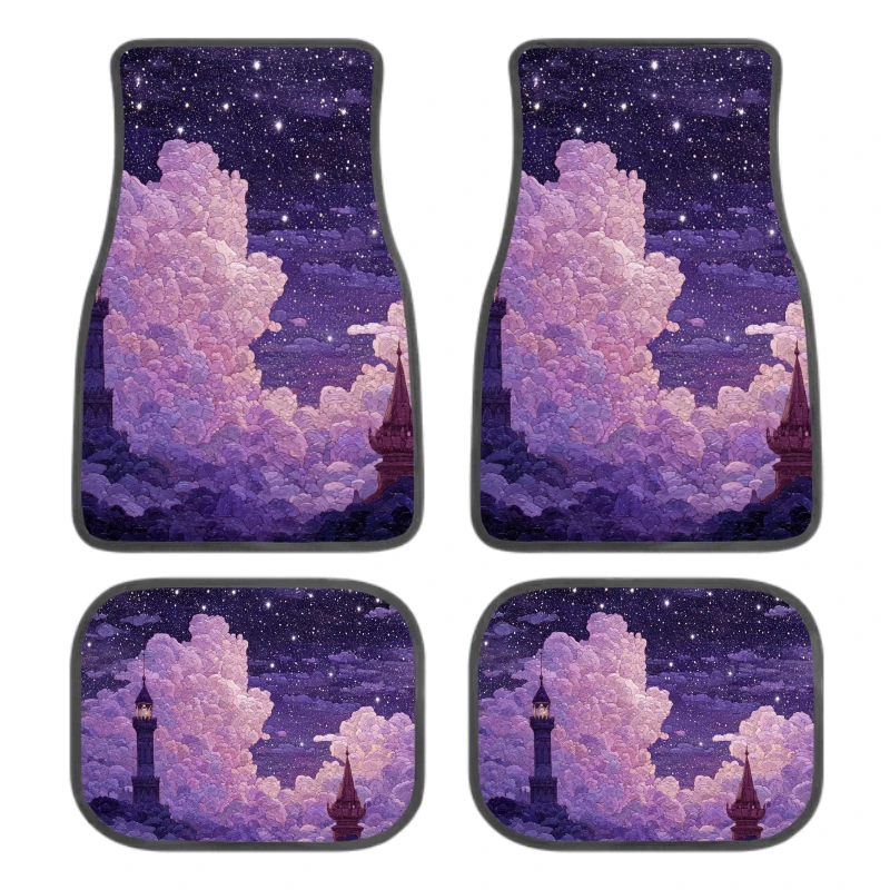 Set Of 4 Non-Slip Car Floor Mats Featuring A Starry Night Sky Design With Castle Towers, Suitable For Front And Rear Use. These