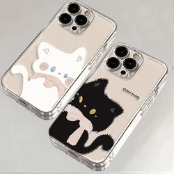 Cartoon Black White Cat Couple Paired Phone Case For iPhone 16 15 14 11 12 13 Pro Max Plus Mini XS XR 7 8 SE Clear Cover Fundas