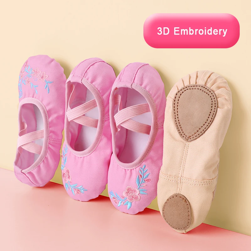 Embroidery Ballet Slippers Split Sole Dance Ballet Shoes Cute Canvas Girl Flower