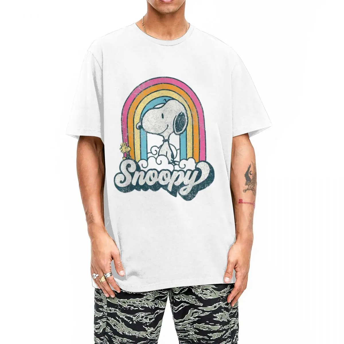 Peanuts Snoopy Woodstock Retro Rainbow Cloud for Men Women T Shirts Funny Tee Shirt Crew Neck T-Shirts Cotton 6XL Tops