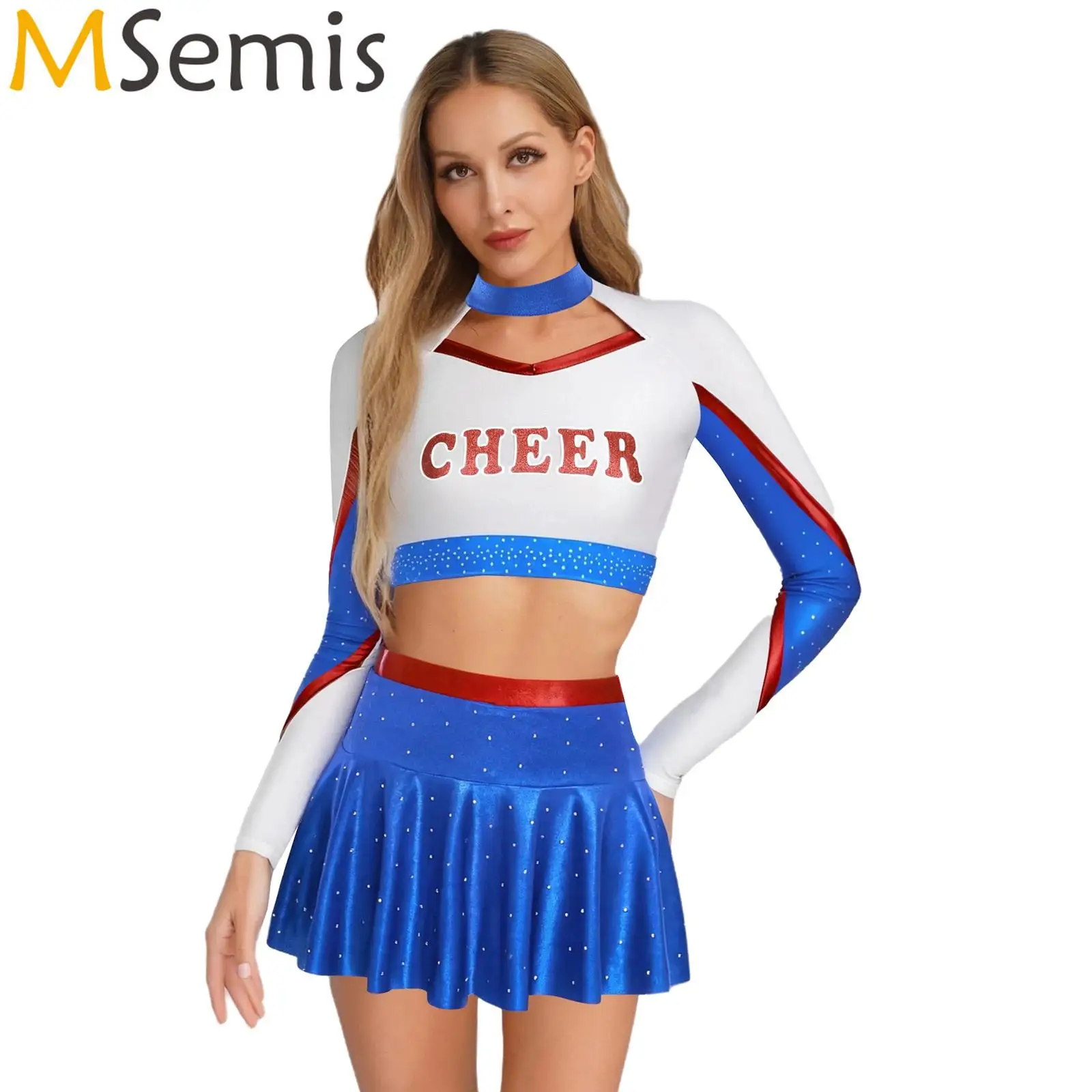 

Womens Cheerleading Cheer Dance Outfit Schoolgirls Cheer Leader Cosplay Costume Metallic Shiny Crop Top And A-line Miniskirt