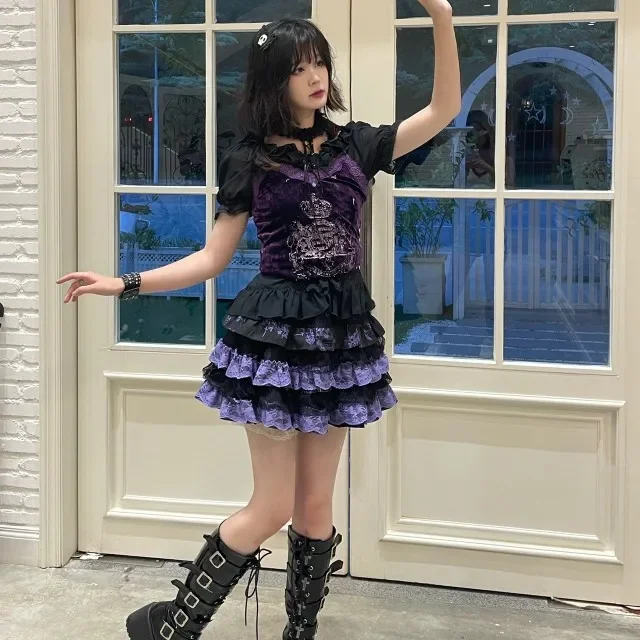 Ruibbit Original Rock Punk Gothic Harajuku Hot Girl Cake Dress Violet Soft Girl Japanese Lolita Lace Mini Skirt