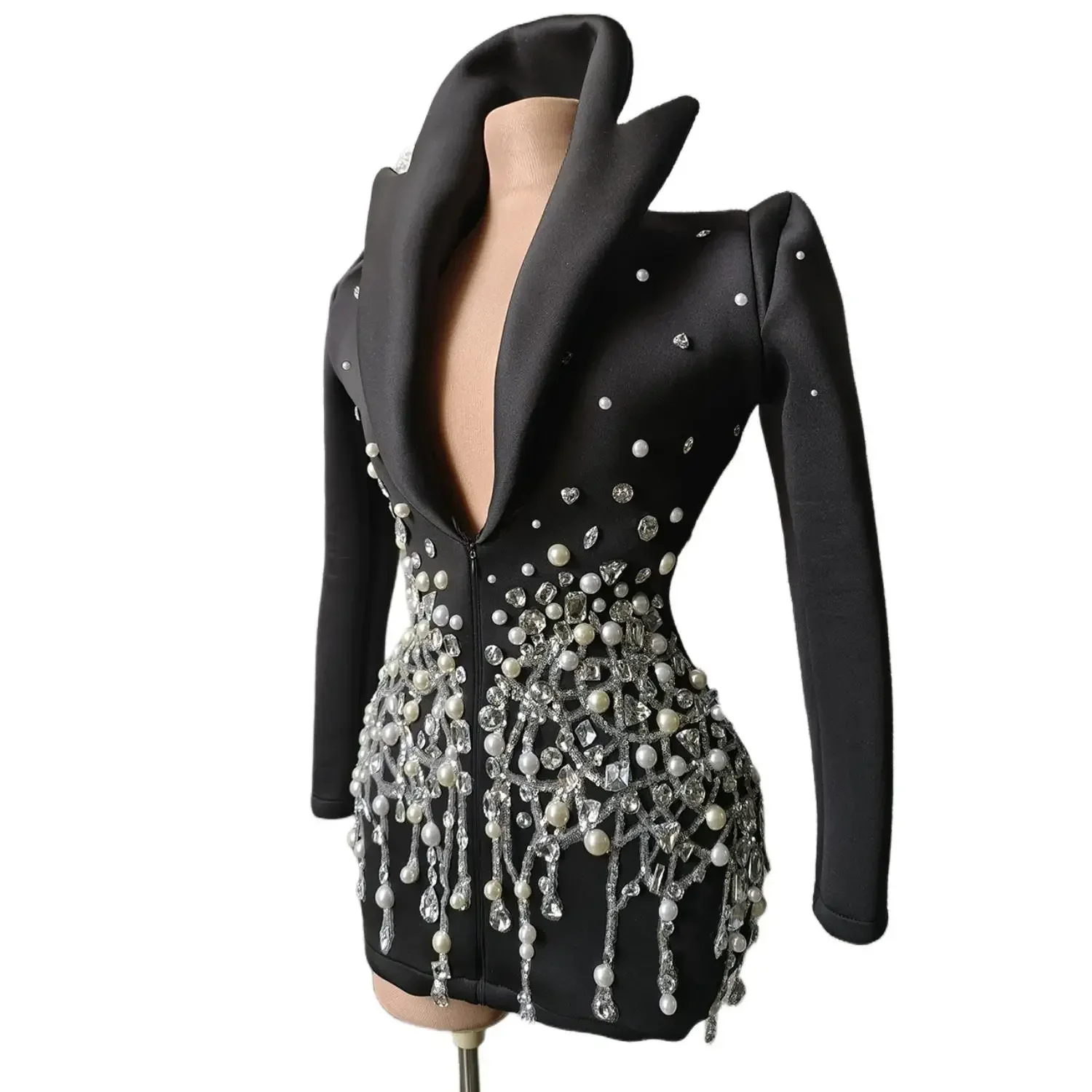 Women Jazz Dancer Performance Costume Black Fashion Nightclub Party Stage Dress Mini Cocktail Dress Luxury Rhinestones Suit