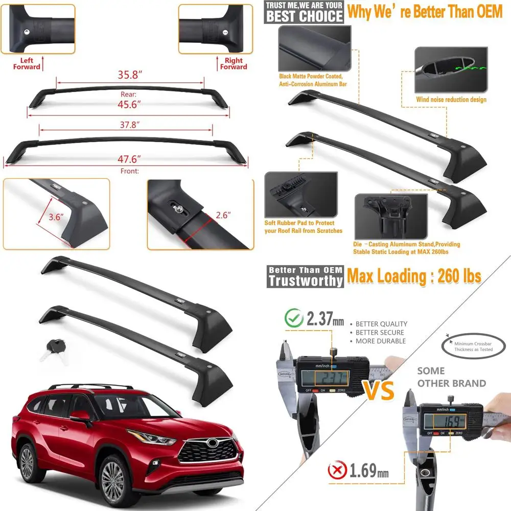 

Прочные поперечины багажника на крышу на Highlander 2020–2026 гг. (кроме LE & Grand), система безопасной блокировки, поддерживает 260 фунтов