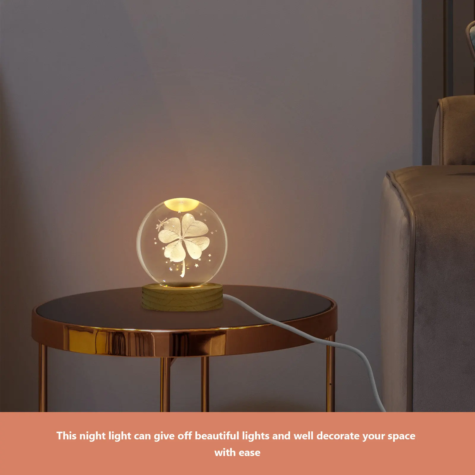 Clover Crystal Ball Night Light 3D Glass Ball Lamp with Elegant Wood Base Bedroom Desk Nightstand Light for Kids Room Decor