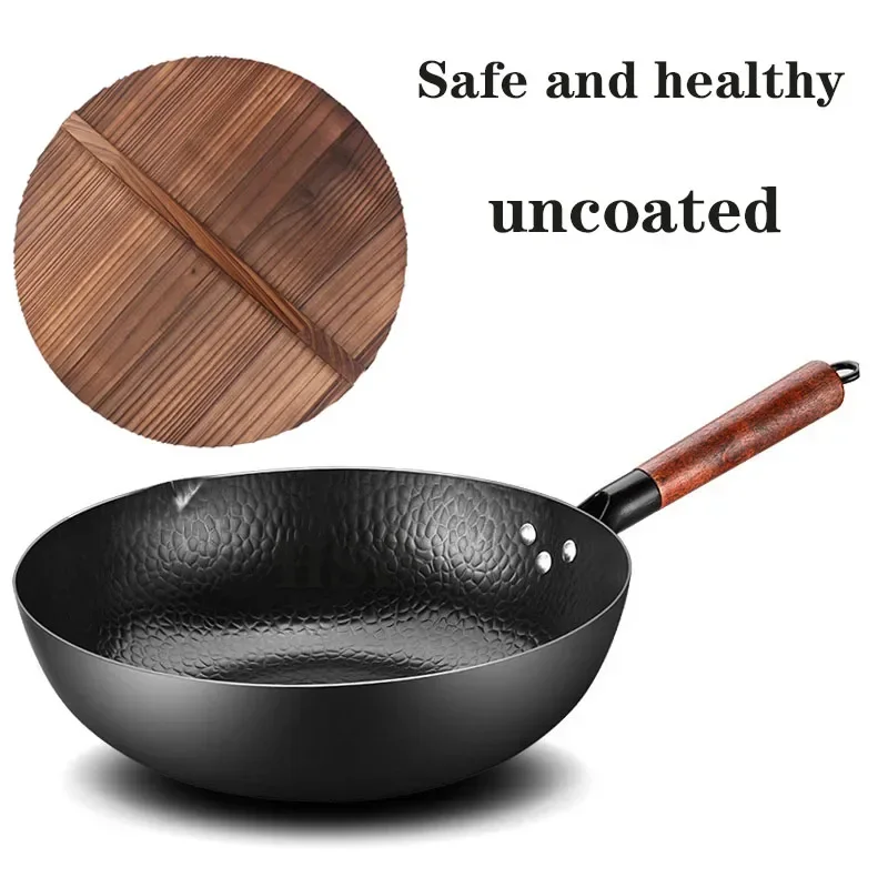 Traditional Wooden Lid Iron Pan Frying Uncoated Health Frying Pan Non-stick PanGas Stove Induction Cooker Universal Iron Pan