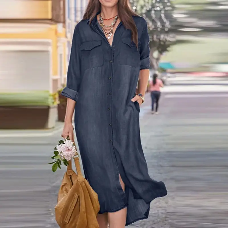 Loose Denim Oversize Shirt Dress Women Spring Autumn Casual Women Long Sleeve Long Dresses Vestidos Women\'s Clothing