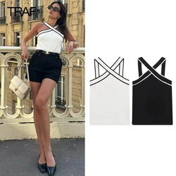 TRAF 2024 Woman Off shoulder Halter neck Knitted Top Women Black White Knit Crop Top Summer Sleeveless Backless Tank top Cami