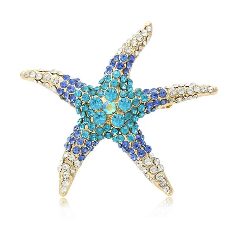 Bling Large Starfish Brooches for Women Full Rhinestone Blue Animal Sea Star Pin Bijoux Fashion Charm Clothes Jewelry Accessorie